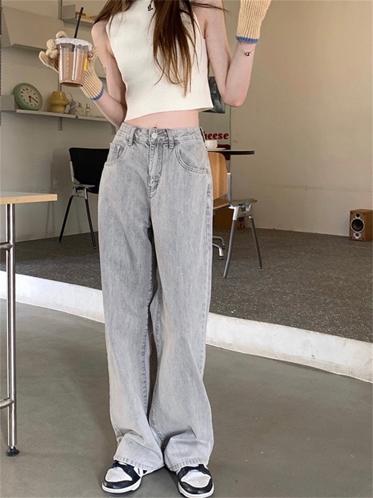Vintage Cement Grey Jeans Women&s Spring Autumn New Street Style Casual Fashion Straight Loose Denim Trousers Female